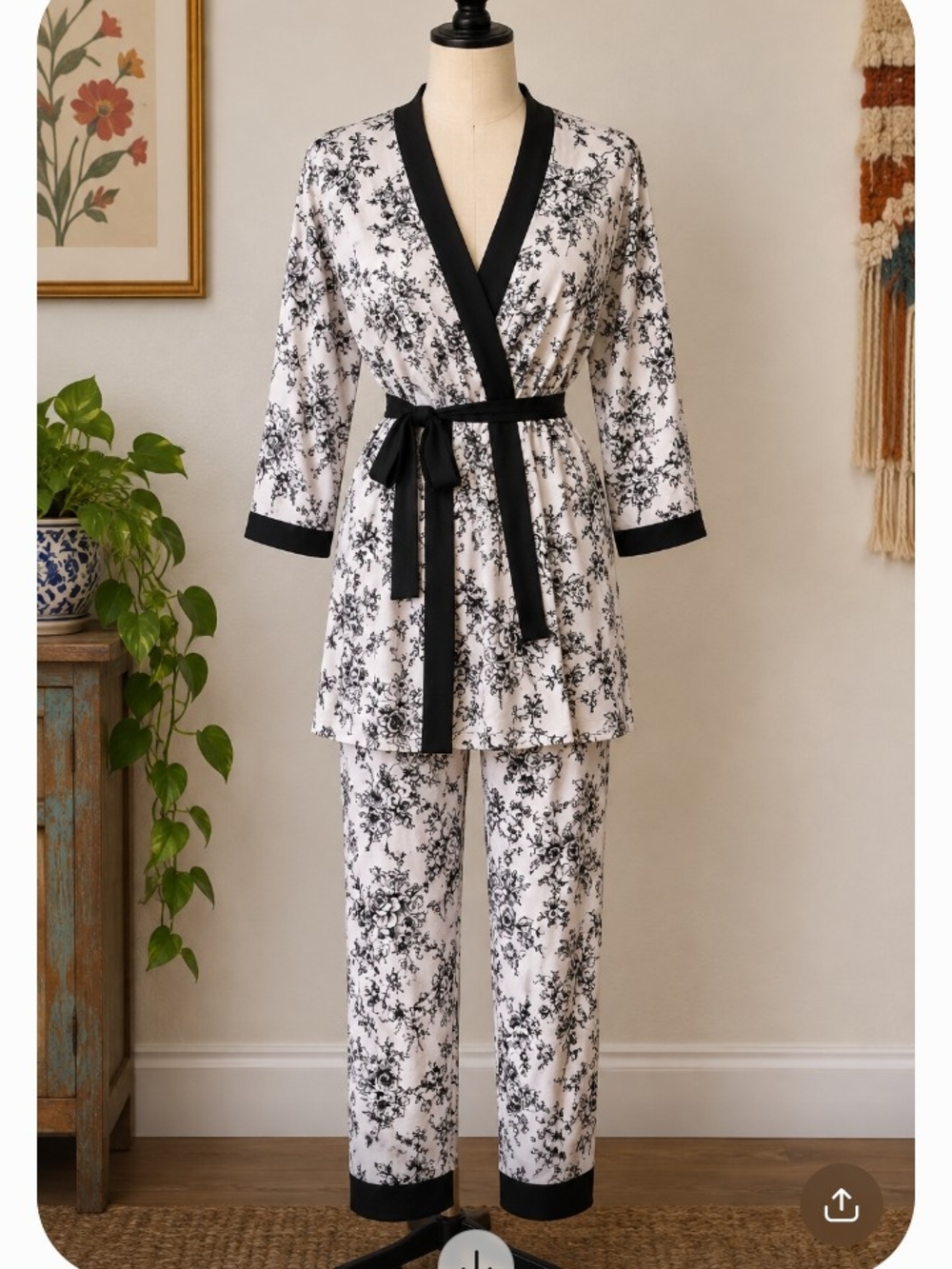 Linea Donatella Coquette Toile Blush Black Floral Robe & Pants Lounge Set Large